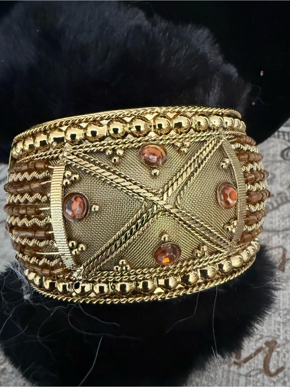 Brass Cuff Bracelet with Amber Stones